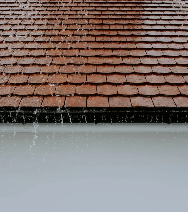 Brown roof tiles with rainwater cascading down, showcasing architectural texture and detail.